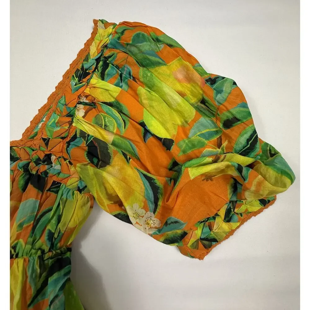 Anthropologie Farm Rio Orange Pears Short puff Sleeve Blouse square neck Sz XS
